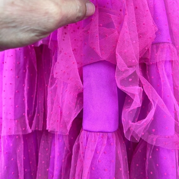 LULUS Dramatic Poise Hot Pink Dot Tulle Puff Sleeve Tiered Mini Dress XXS - Picture 9 of 16
